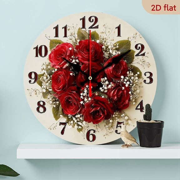 2D Flat 1pc 10Inch Wooden Clock, Red Rose Bouquet Theme Design - Creative and Stylish Wall Clock with Silent Movement Safe for Pets, Home Office Decor, Unique Gift for Birthdays, Christmas