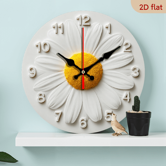 2D Flat 1pc 10Inch Wooden Clocks, Daisy Watch Pattern Theme Design, One Round Minimalist Wall Clock, Silent Wooden Timepiece Suitable for Living Room, Bedroom, Office Decor Modern Style Face-Mounted