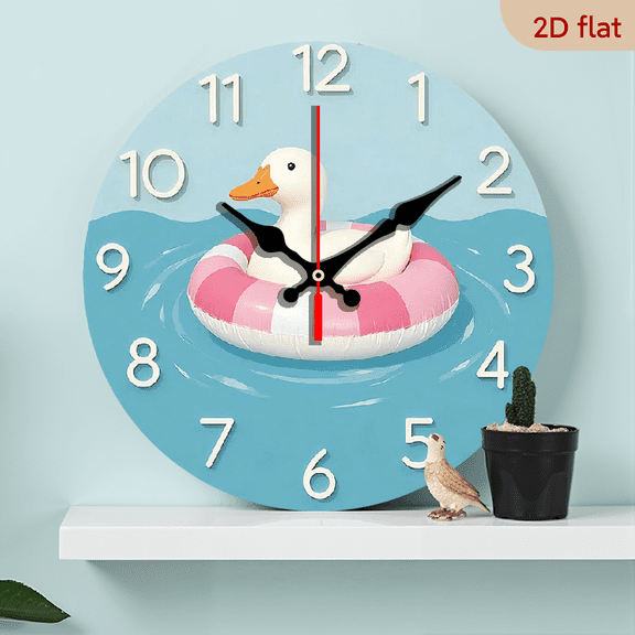 2D Flat 1pc 10Inch Wooden Clocks, Duck Swimming Clock Theme Design, ChristmasThanksgivingNew Year Holiday Gift and Home Decor, Creative Fashion Wall Clock, Silent Clock - Safe for Pets