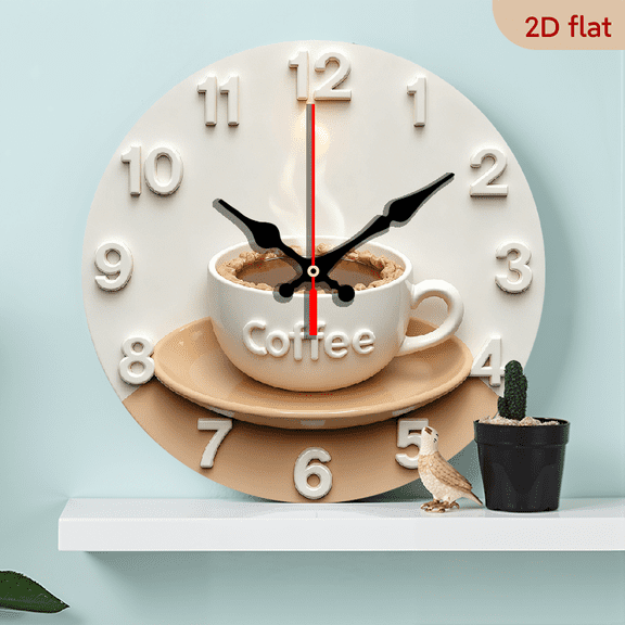 2D Flat 1pc 10Inch Wooden Coffee-Themed Silent Wall Clock - 2D Flat Wooden Modern Round Design with Steaming Mug Art, Battery Operated (AA Not Included) - Home Decor Gift for Kitchen, Living Room