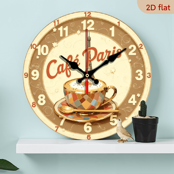 2D Flat 1pc 10Inch Wooden Coffee-Themed Wall Clock - Modern Minimalist Cafe Decor with BeigeBrownRed Accents - Silent Quartz Movement, Battery-Powered (AA Not Included) - Wooden Frame