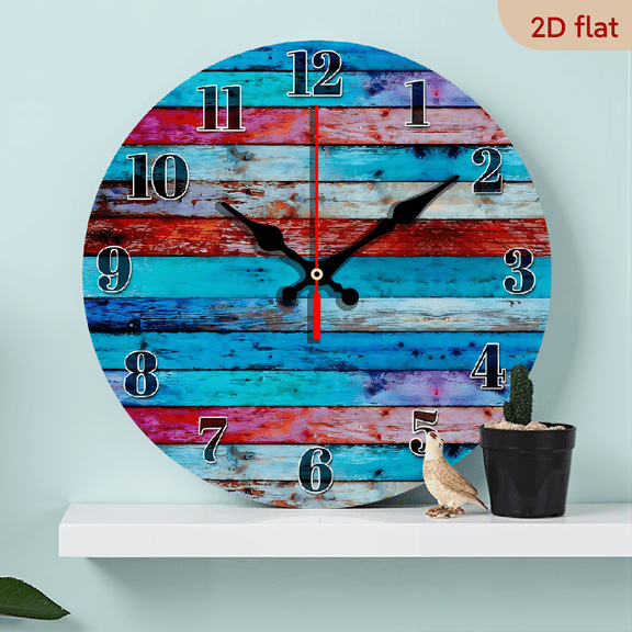 2D Flat 1pc 10Inch Wooden Colored Wood Boards Rainbow Clock Large Wall Clock Decorative Round Circle Clock Home Decor Rustic, Country, Cabin