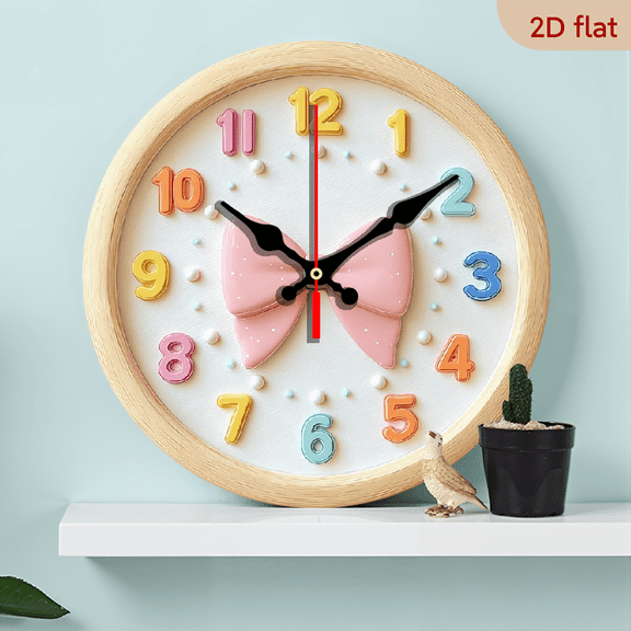 2D Flat 1pc 10Inch Wooden Colorful Silent Wooden Wall Clock with Pink Bow - Easy Install, Round Home Decor for Kitchen, Bedroom, Studio, Garage, Concert Hall - Creative Gift Idea, Wall Clock