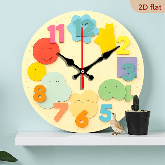 2D Flat 1pc 10Inch Wooden Colorful Wall Clock with Numbers 1-12 - Fun Learning Clock for Youngsters, Ideal for Bedroom Decor, Christmas Halloween, Battery-Operated, Perfect Gift for Student
