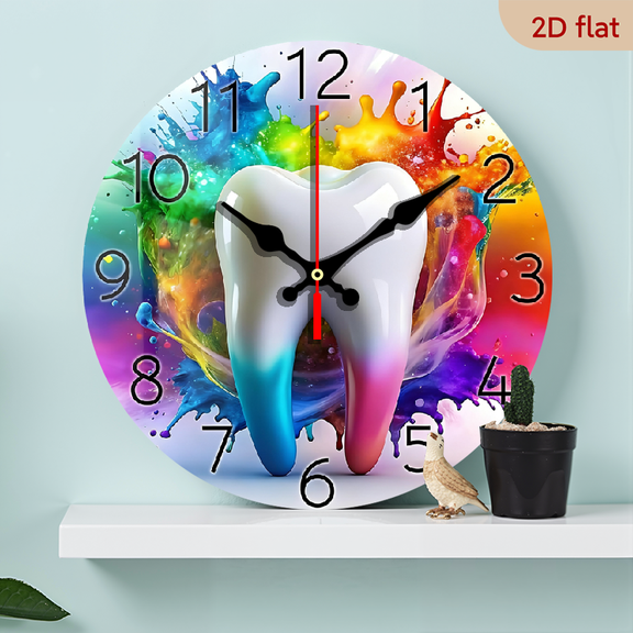 2D Flat 1pc 10Inch Wooden Colorful Watercolor Tooth Wall Clock, Dental Care Symbols Dental Clinic Wall Clock Dentistry Tooth Healthy White Teeth Wall Watch Clock Silent Non Ticking