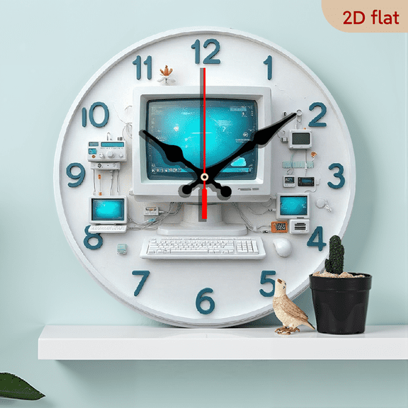 2D Flat 1pc 10Inch Wooden Computer Pattern - Battery Powered, Silent Clock with Computer Theme Design, Suitable for Living Room, Bedroom, Home, Kitchen, Aesthetic Office Decor, Ideal Holiday Gift