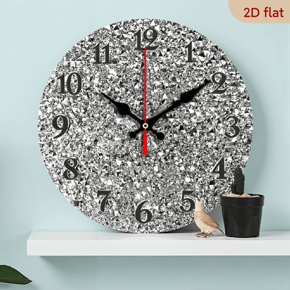 2D Flat 1pc 10Inch Wooden Crystal Diamond-Studded Wall Clock - Luxury Large Face 10Inch Quartz Movement, Silent Sweep Hands, Crystal-Accented Black Hands, Artificial Wood Frame - Modern Round Cloc