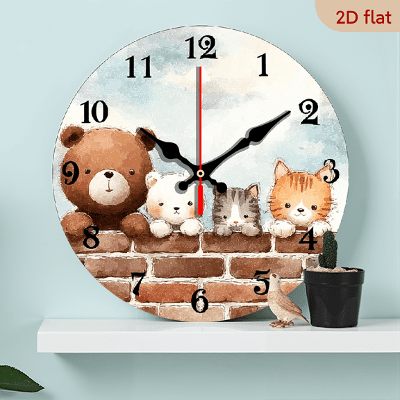 2D Flat 1pc 10Inch Wooden Cute Animal Friends Wall Clock - Non-Ticking Wooden, Round Design with Bear, Rabbit, Cat Bird on Brick Wall Art for Bedroom, Dining Room, Entryway, Lounge, Reading Corner