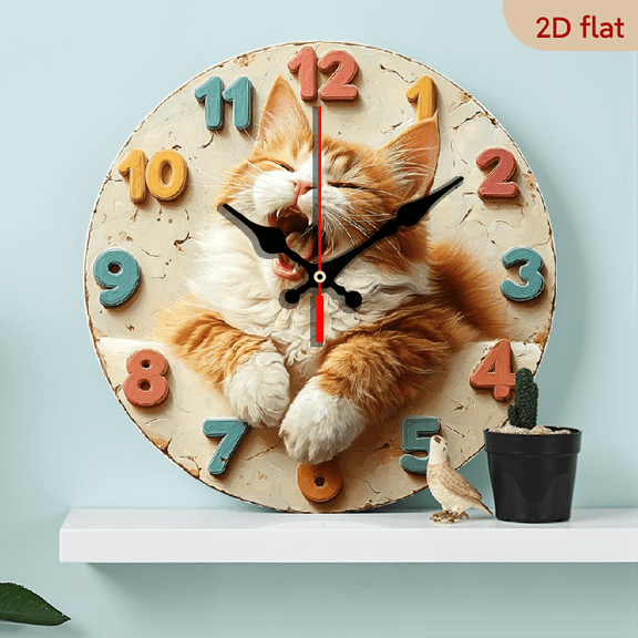 2D Flat 1pc 10Inch Wooden Cute Cat Digital Wall Clock with Kitten Face Numbers 1-12 - Silent Movement, Large 10Inch Round Artificial Wood Frame, for Room, Bedroom, Decor (No Batteries Included)