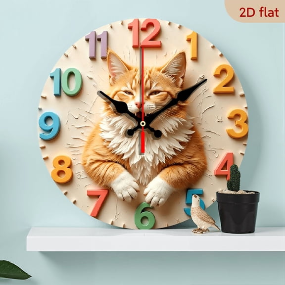 2D Flat 1pc 10Inch Wooden Cute Cat Digital Wall Clock with Kitten Face Numbers Silent Movement, Large 10Inch Round Artificial Wood Frame, for Room, Bedroom, Decor (No Batteries Included)