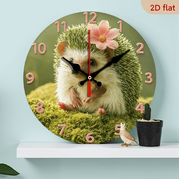 2D Flat 1pc 10Inch Wooden Cute Hedgehog Wall Clock - Silent Non-Ticking Modern Decor with Pink Floral Accent, Artificial Wood Round Clock for Living Room, Bedroom, Kitchen, Bathroom