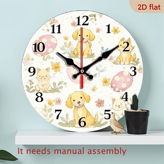 2D Flat 1pc 10Inch Wooden Cute Pastel Animal Wall Clock - Silent Non-Ticking Round Wooden Frame, Japanese Quartz Movement, Battery Operated (AA Not Included) - Spring Home Decor Gift for Pet Lov