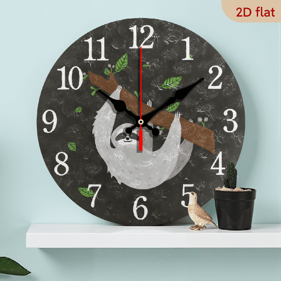 2D Flat 1pc 10Inch Wooden Cute Sloth Animal Round Wall Clock Non-Ticking Silent Wooden Oil Painting Art Easy to Read for Office School Living Room Home Decor MDF