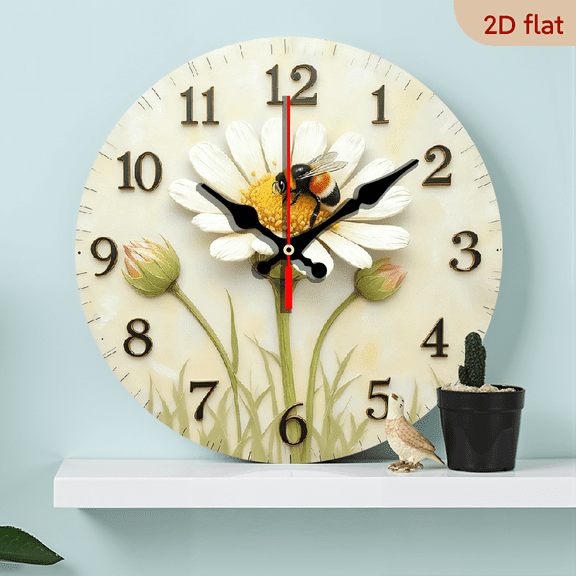 2D Flat 1pc 10Inch Wooden Daisy Bee Wall Clock - Silent Non-Ticking Modern Minimalist Wooden Round Clock with Pastel Beige Face White Daisies (AA Battery Not Included) for Living Room