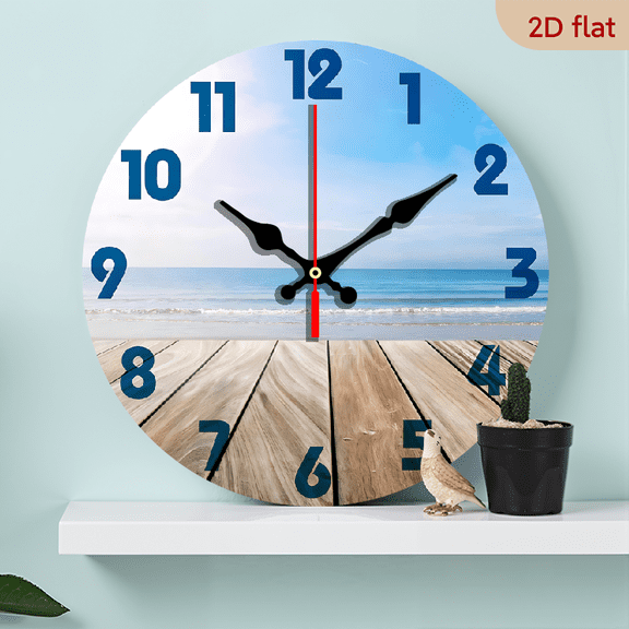 2D Flat 1pc 10Inch Wooden Deck On The Ocean Beach Silent Non Ticking Round Battery Operated Handmade Hanging Large Wall Clock for Bedroom Office Cottage Decoration