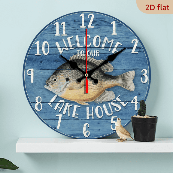 2D Flat 1pc 10Inch Wooden Decorative Concepts Lakehouse Cottage Sunfish Themed Wood Round Wall Clock MDF