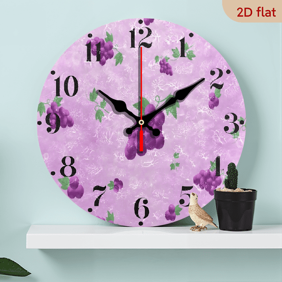 2D Flat 1pc 10Inch Wooden Delicious Grapes Wall Clock Round Battery Operated Decorative Clock for Kitchen School Office Clock