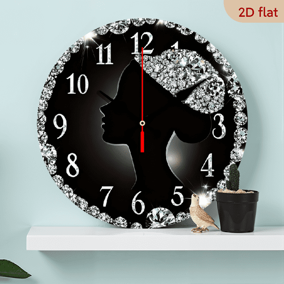2D Flat 1pc 10Inch Wooden Diamond Woman Silhouette Wall Clock, Round Wooden Kitchen Decor with Sparkling Rhinestones, Easy to Read, Silent, No Drip, Requires 1 AA Battery, Bedroom, Office