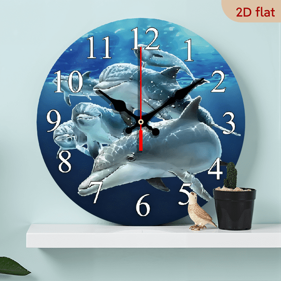 2D Flat 1pc 10Inch Wooden Dolphin Wall Clock Silent Non-Ticking Clock Battery Operated Bedroom Living Room Home Decor MDF