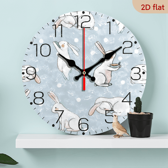 2D Flat 1pc 10Inch Wooden Easter Bunnies Rabbits and Dots Wall Clock Fashion Frameless Decorative Clock for Kitchen Bedroom Living Room Classroom Home Decor