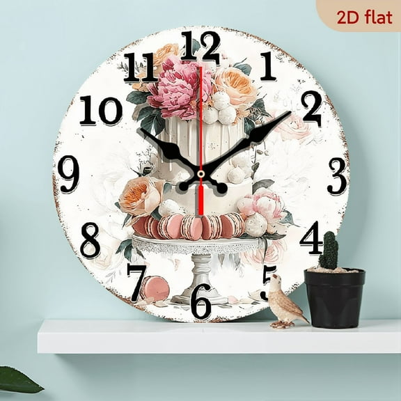 2D Flat 1pc 10Inch Wooden Elegant Floral Wedding Cake Wall Clock - Non-Ticking Wooden Round Clock with Pink White Flowers, Sizes for Bedroom, Dining Room, Entryway, Lounge, Reading Corner