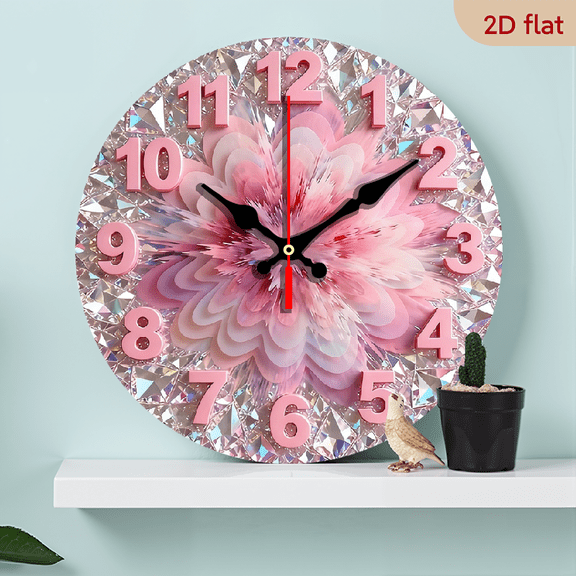 2D Flat 1pc 10Inch Wooden Elegant Pink Diamond Design Accent Wall Clock - Modern Round Movement with Hands, 10 Inch Large Face, Design for Living Room, Bedroom, Office - Christmas Halloween