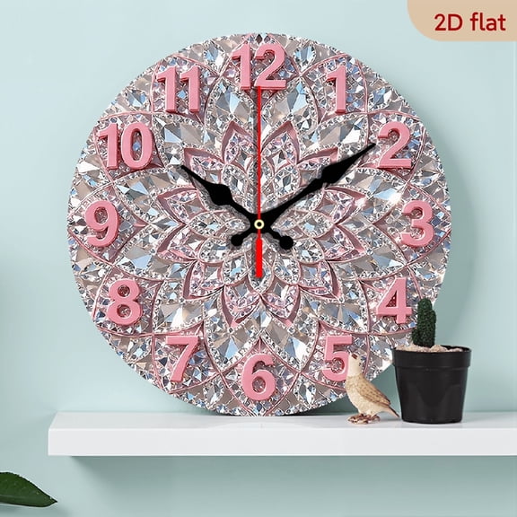2D Flat 1pc 10Inch Wooden Elegant Pink Diamond Design Pattern Wall Clock - 10 Inch Large Round Swiss Quartz Movement, Modern Minimalist Design with Hands Pink Number 12, Battery-operated