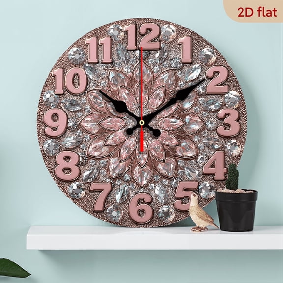2D Flat 1pc 10Inch Wooden Elegant Pink Diamond Pattern Wall Clock - 10Inch Large Round Swiss Quartz Movement, Modern Minimalist Design with Hands Pink Number 12, Battery-operated (aa Not Included)
