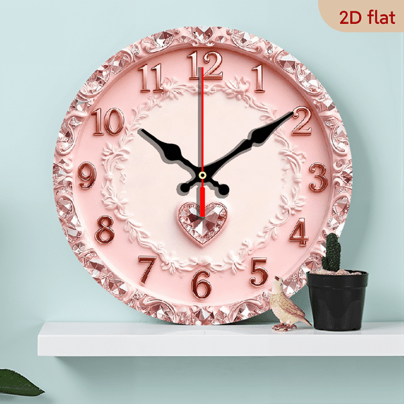 2D Flat 1pc 10Inch Wooden Elegant Pink Heart-Shaped Wall Clock - 10 Inch Large Round Modern Minimalist Decor with Golden Hands Numbering - Silent Non-Ticking Movement, Battery-powered