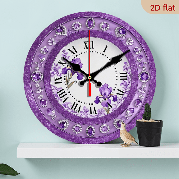 2D Flat 1pc 10Inch Wooden Elegant Purple Iris Floral Roman Numeral Wall Clock - 10 Inch Modern Round Movement, Battery-Powered (AA Not Included) - Purple Golden, For Living Room, Bedroom, Study