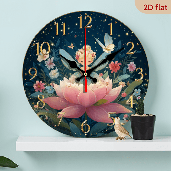 2D Flat 1pc 10Inch Wooden Enchanting Fairy Tale Wall Clock - Silent Non-Ticking Round Wooden Design with Floral Butterfly Accents, Battery Operated (AA Not Included) for Home, Office, Living Room