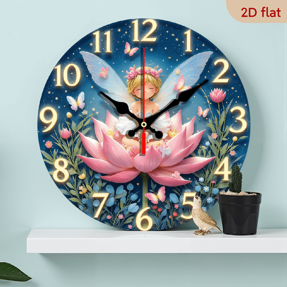 2D Flat 1pc 10Inch Wooden Enchanting Fairy Tale Wall Clock Silent Non-Ticking Round Wooden Design with Floral Butterfly Accents, Battery Operated for Home, Office, Living Room, Bedro
