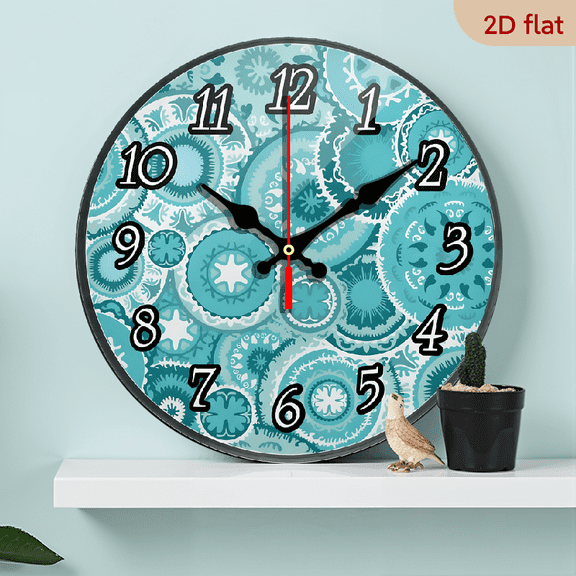 2D Flat 1pc 10Inch Wooden Ethnic Tribal Turquoise Circles Texture Wall Clock, Silent Non-Ticking Easy to Read Round Decorative Wooden Wall Clock Art, for Living Room Home Office School MDF