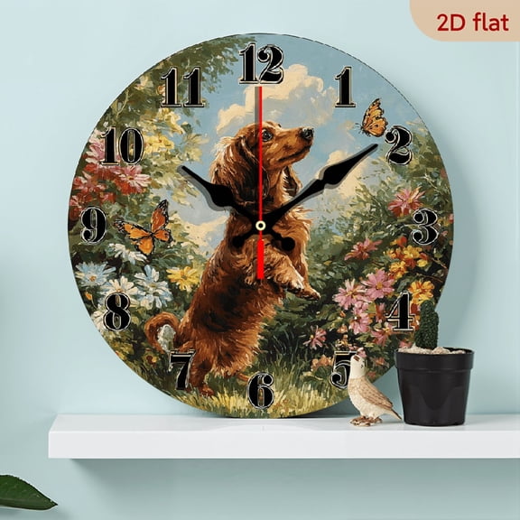 2D Flat 1pc 10Inch Wooden Floral Wall Clock - Silent Non-Ticking Battery Operated Round Clock with Dog Jumping in Flowers Butterflies Garden Scene - Pet Lover Gift for Living Room, Bedroom