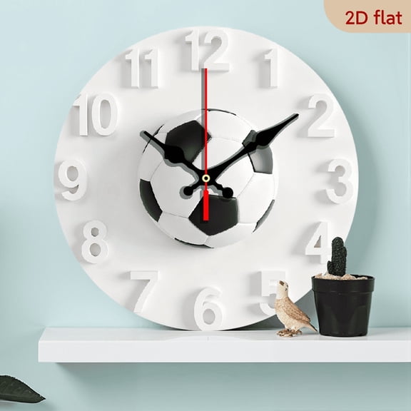 2D Flat 1pc 10Inch Wooden Football-Themed Wall Clock with Soccer Ball Design - Silent Non-Ticking Battery-Powered Modern Minimalist Round Clock with Black White Football Center Golden Hands