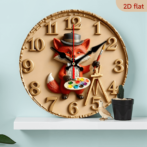 2D Flat 1pc 10Inch Wooden Fox Painter Round Wall Clock - 10Inch Silent Non-Ticking Movement, (AA Not Included), Modern Minimalist Design with Fox Paint Palette, For Living Room, Bedroo