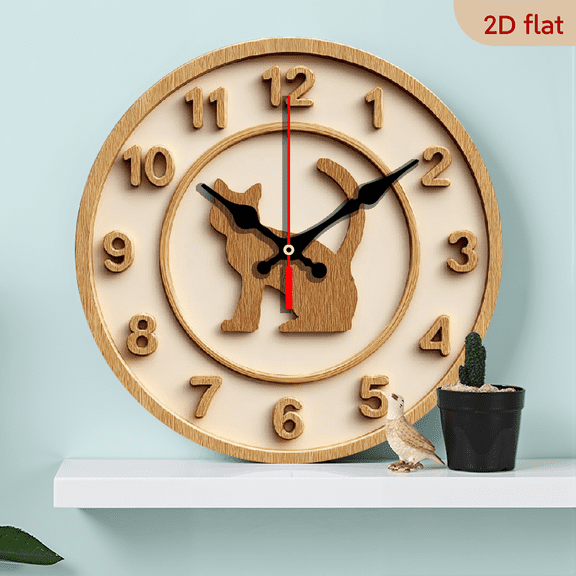 2D Flat 1pc 10Inch Wooden Friendly Cat-Themed Wall Clock with Black_White Beige Cat Silhouette Paw Print Numbers - Quiet Swiss Quartz Movement, Large Round Artificial Wood Clock for, Bedroom, Living
