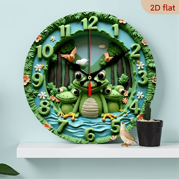 2D Flat 1pc 10Inch Wooden Frog-Themed Silent Wall Clock with Floral Pond Design, Ideal for Playful And Cheerful Spaces