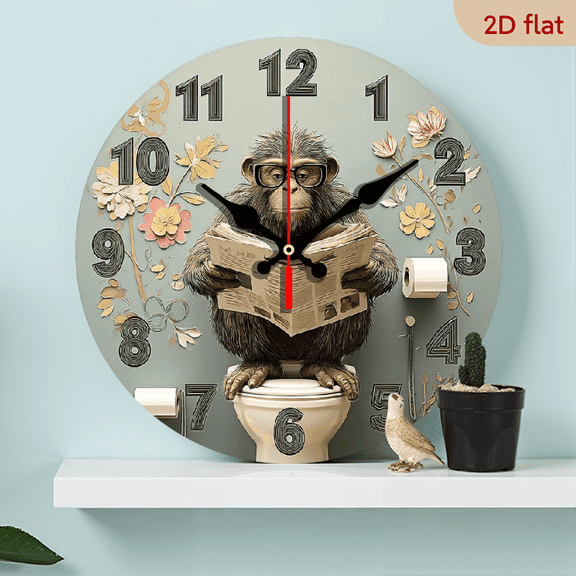 2D Flat 1pc 10Inch Wooden Funny Bathroom Decor Clock - Monkey Reading Newspaper on Toilet with Floral Accents, Silent Non-Ticking Modern Flat Wall Clock for Living Room, Kitchen, Bathroom