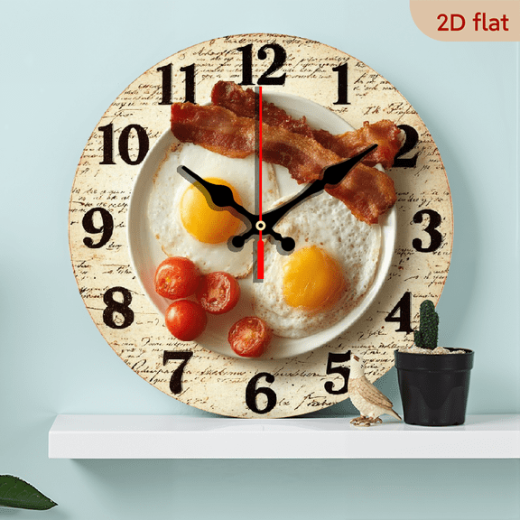 2D Flat 1pc 10Inch Wooden Funny Breakfast Clock - Egg Bacon Wall Decor with Egg Bacon Design, Round Kitchen Decor for Breakfast Lovers, Battery-Powered (AA Not Included) - Perfect Gift for Men Women