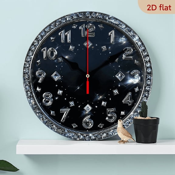 2D Flat 1pc 10Inch Wooden Glittering Crystal Diamond Design Encrusted Wall Clock - Round Swiss Mechanical Movement, Silent Non-Ticking, Auto-Shut Off, Hands Face, Bedroom, Living Room, Office