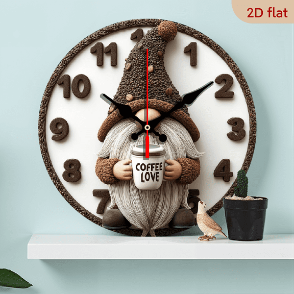 2D Flat 1pc 10Inch Wooden Gnome Wall Clock with Coffee Bean Hat Coffee Cup - Silent Quartz Movement, Large Round Face, Elf_Dwarf Design for Room,, Kitchen - Artificial Wood Battery- Clock