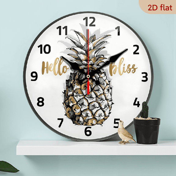 2D Flat 1pc 10Inch Wooden Gold Pineapple Fruit Quote Wall Clock Battery Operated Silent Non Ticking Clocks for Living Room Decor.