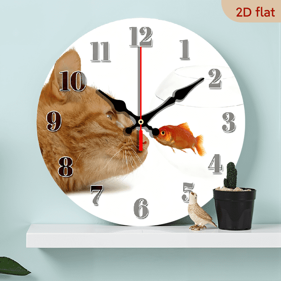 2D Flat 1pc 10Inch Wooden Golden Fishball And Orange Cat Silent Non Ticking Round Battery Operated Handmade Hanging Large Wall Clock for Bedroom Office Cottage Decoration