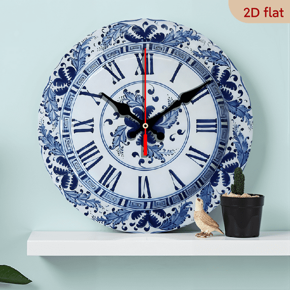 2D Flat 1pc 10Inch Wooden Handmade Ceramic Wall Clock, Chinoiserie Wall Clock, Roman Clock with Clock Mechanism, Bleu Blanc Clock, Blue and White Clock