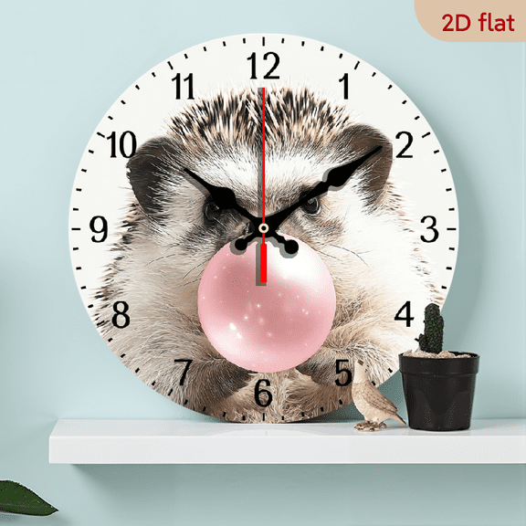 2D Flat 1pc 10Inch Wooden Hedgehog Animal Portrait Wooden Wall Clock Silent Non-Ticking Battery Operated Wall Clock, Decorative Battery Operated Wall Clocks for Bedroom, Bathroom, Living Room