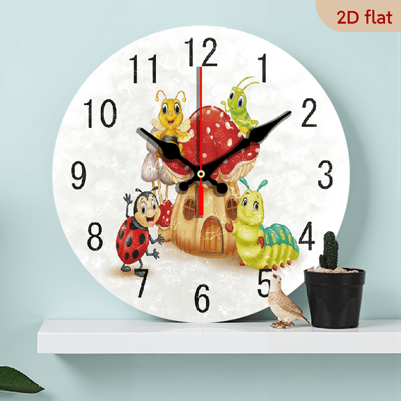 2D Flat 1pc 10Inch Wooden Home Decor Cartoon Mushroom House Snail Ladybug Round Wooden Wall Clock Non Ticking Silent Clock Art for Living Room Kitchen Bedroom