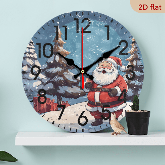2D Flat 1pc 10Inch Wooden Home Decor Christmas Xmas Santa Claus with Pine Tree Round Wooden Wall Clock Non Ticking Silent Clock Art for Living Room Kitchen Bedroom
