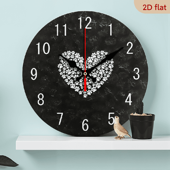 2D Flat 1pc 10Inch Wooden Home Decor I Love Dog Paw Print Black Round Wooden Wall Clock Non Ticking Silent Clock Art for Living Room Kitchen Bedroom