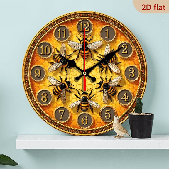 2D Flat 1pc 10Inch Wooden Honeycomb Bee Theme Design, Novelty Art Wall Clock, Simple Creative Fashion Wall Clock, Creative Clock, Silent Round Clock, Suitable for Bedroom Living Room Office Kitche